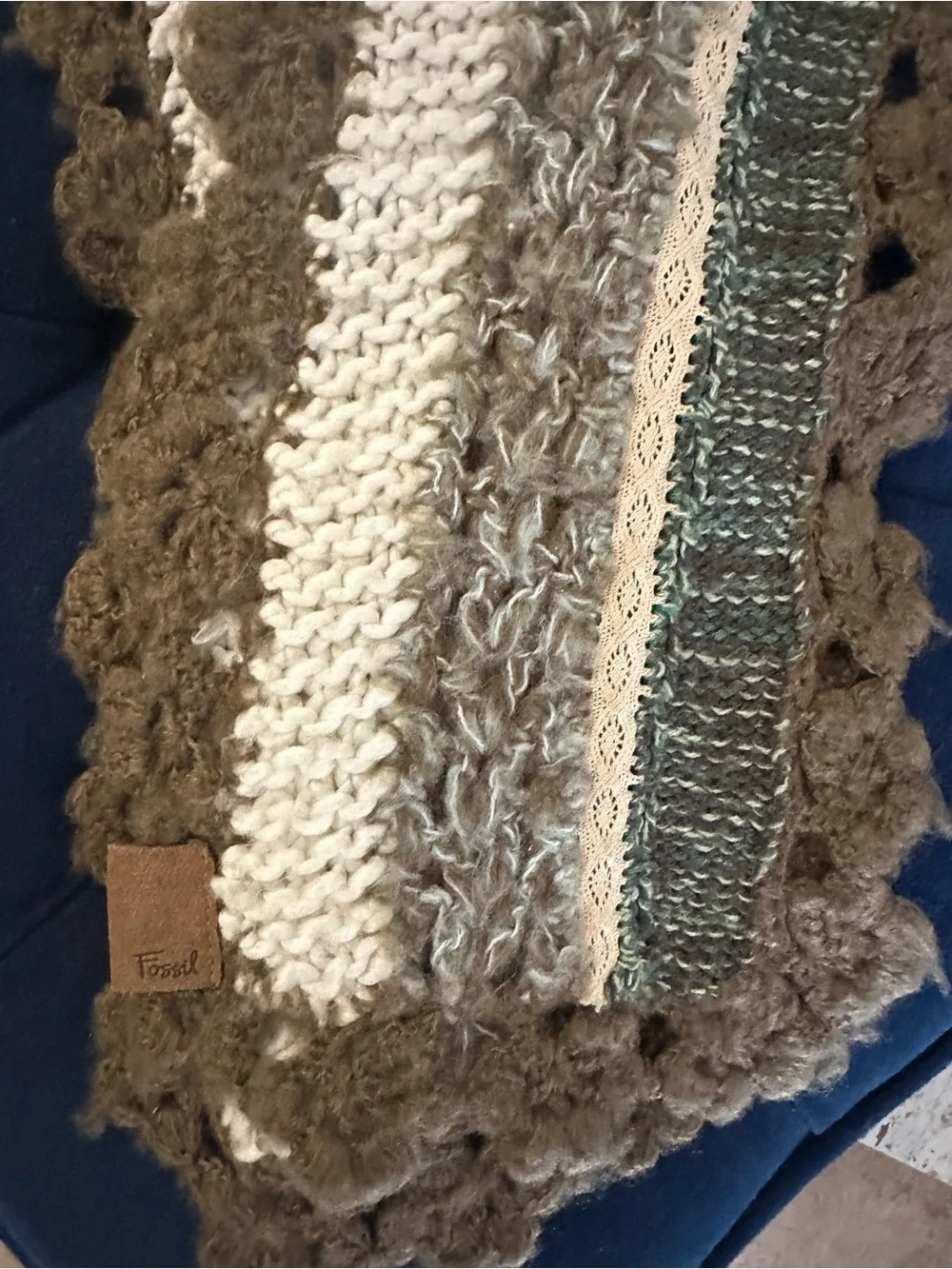 Fossil Vintage Scarf Textured Knit Scarf in Cream, Brown & Teal